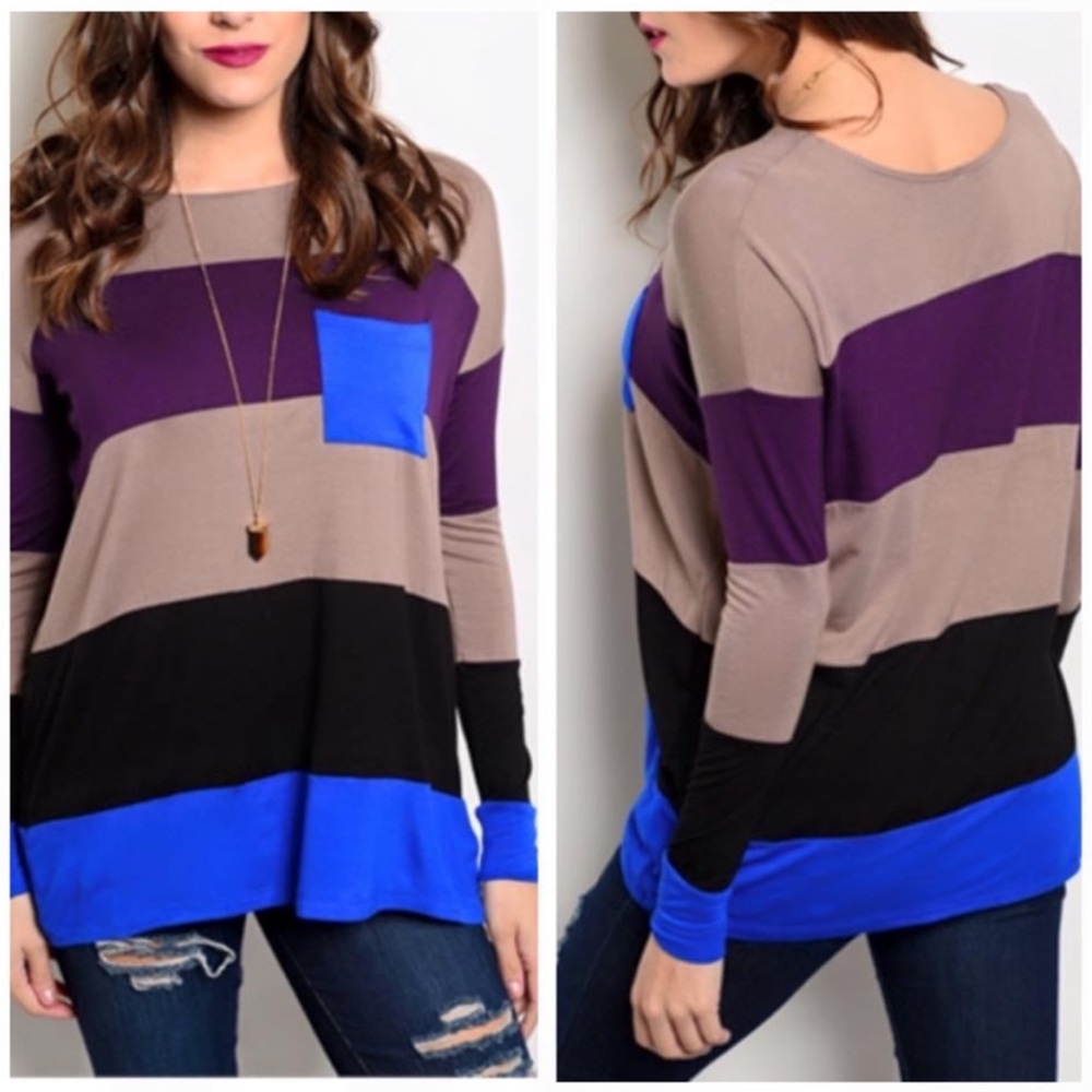 Rachel Kate Women’s Color block print long sleeve top, pocket detail size S
